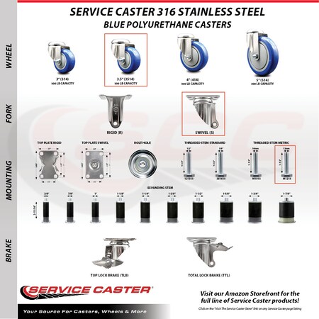 Service Caster 3.5 Inch 316SS Blue Polyurethane Wheel Swivel 12mm Threaded Stem Caster Set SCC-SS316TS20S3514-PPUB-BLUE-M1215-4